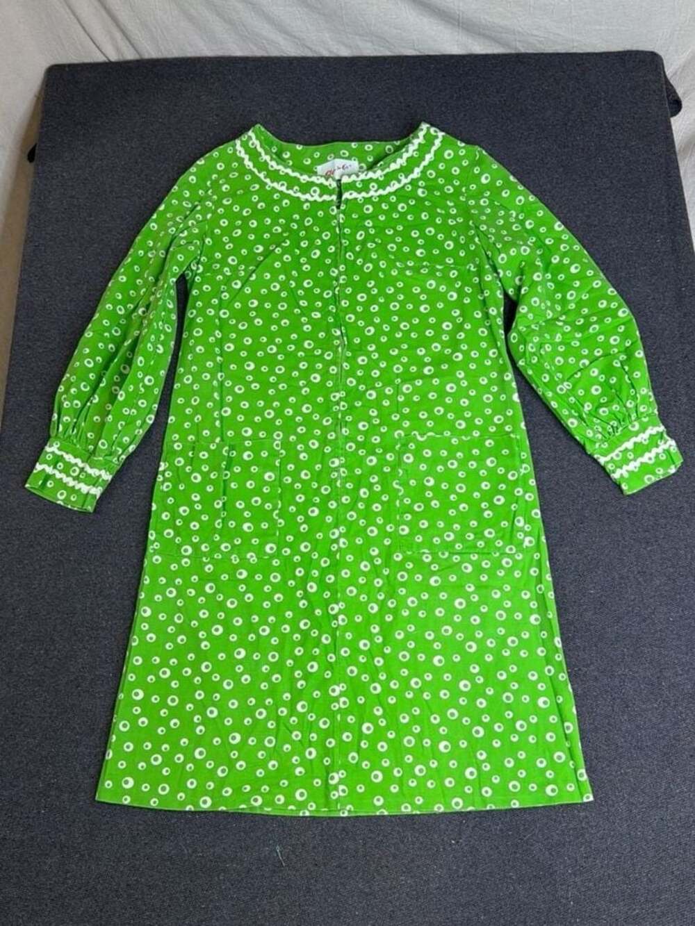 Vintage Step-n-Go Green Polka Dot Ric-Rac Trim Zip Front House Dress
